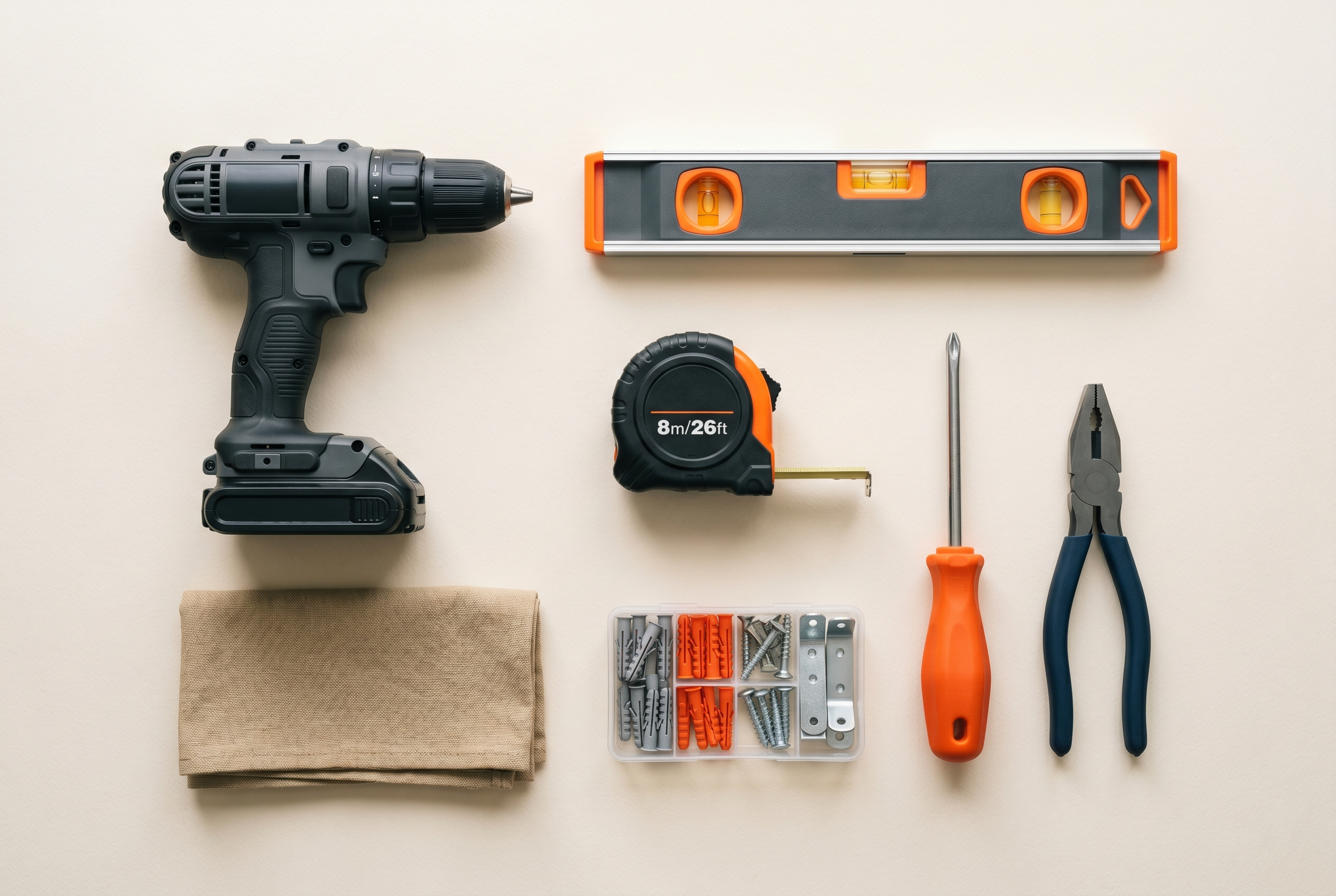 Summit Fix Handyman tools laid out neatly — cordless drill, spirit level, tape measure, screwdriver and pliers